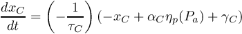 \[ \frac{dx_{C}}{dt} = \left(- \frac{1}{ \tau_{C}} \right) \left( -x_{C} + \alpha_{C} \eta_{p}(P_{a}) + \gamma_{C} \right) \]