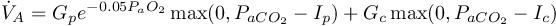 \[\dot{V}_{A} =G_{p} e^{-0.05P_{a} O_{2} } \max (0,P_{aCO_{2} } -I_{p} )+G_{c} \max (0,P_{aCO_{2} } -I_{c} )\]