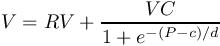 \[V = RV + \frac{{VC}}{{1 + {e^{{{ - \left( {P - c} \right)} \mathord{\left/
 {\vphantom {{ - \left( {P - c} \right)} d}} \right.
 \kern-\nulldelimiterspace} d}}}}}\]