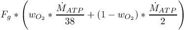 \[ F_{g}*\left(w_{O_{2}}*\frac{ \dot{M}_{ATP}}{38} + \left(1-w_{O_{2}} \right) * \frac{ \dot{M}_{ATP}}{2} \right) \]