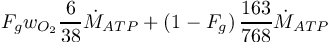 \[ F_{g} w_{O_{2}} \frac{6}{38} \dot{M}_{ATP} + \left(1-F_{g} \right) \frac{163}{768} \dot{M}_{ATP} \]